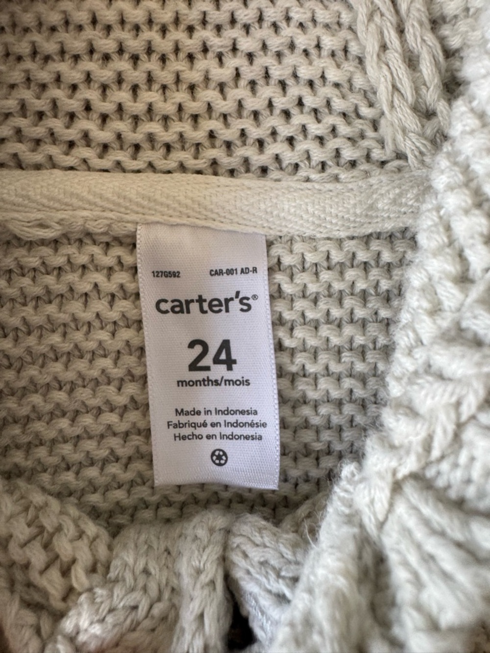 Carter’s Baby Knit Bear Hoodie Cardigan 24M Cream Button Up Sweater Cute Neutral - Picture 6 of 9